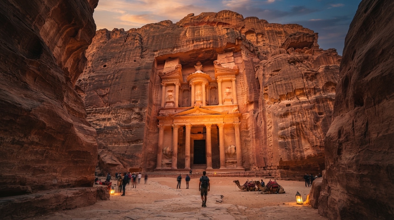 The Treasury at Petra glowing at dusk