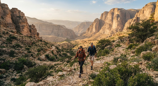 Hikers on the cliffs of the Dana Biosphere Reserve